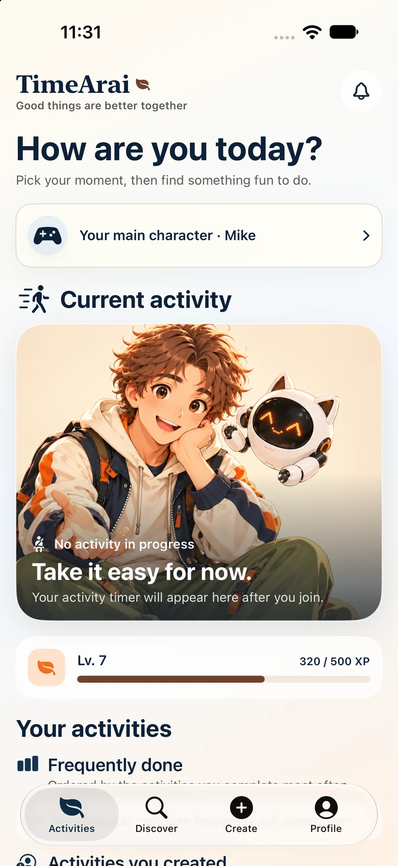 The actual Time Arai app showing activity discovery in English using demo activities